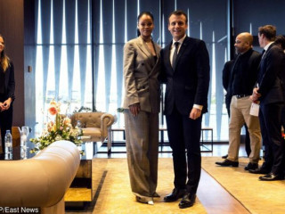 Rihanna and Emmanuel Macron at a conference in Senegal