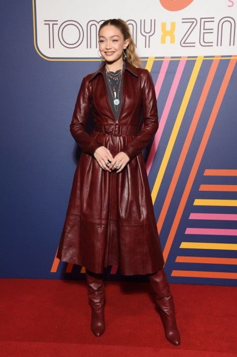 Gigi Hadid in a leather coat has emphasized her waist