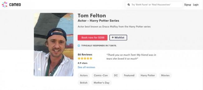 Tom Felton sells personal video greetings